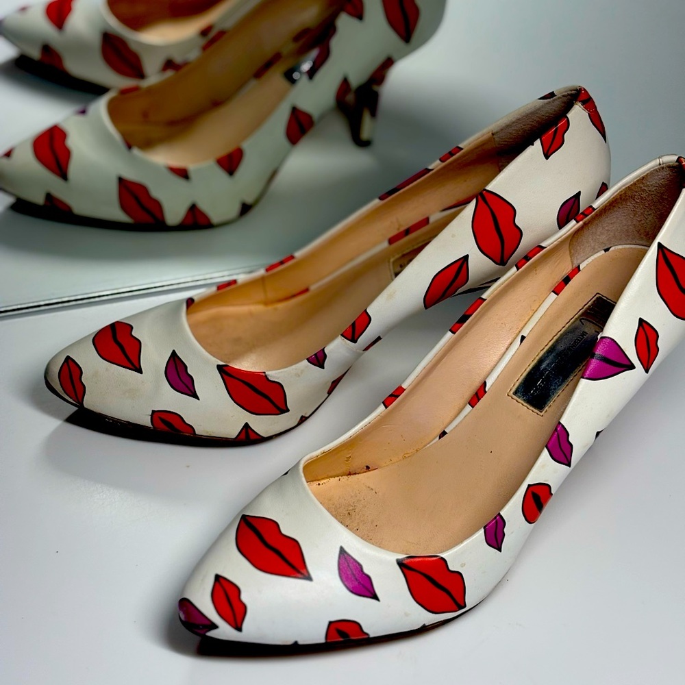 INC International Concepts Red and White Lip Print Heels